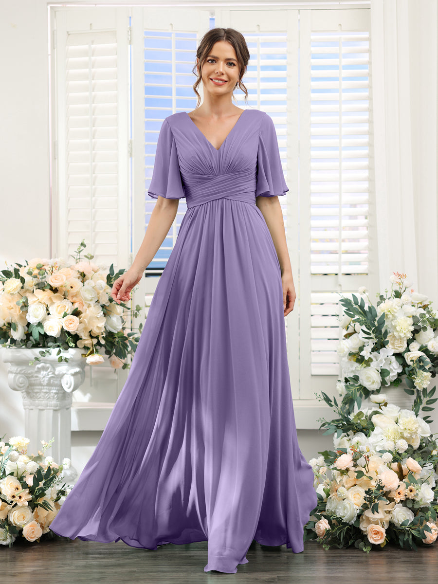 A-Linie V-Ausschnitt Lange Chiffon Brautjungfernkleider mit Taschen & Volantärmeln