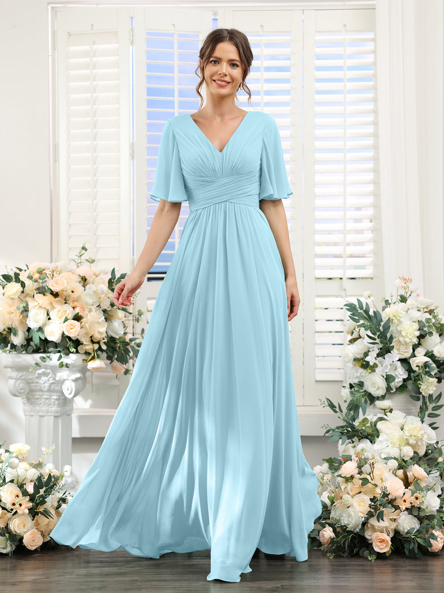 A-Linie V-Ausschnitt Lange Chiffon Brautjungfernkleider mit Taschen & Volantärmeln