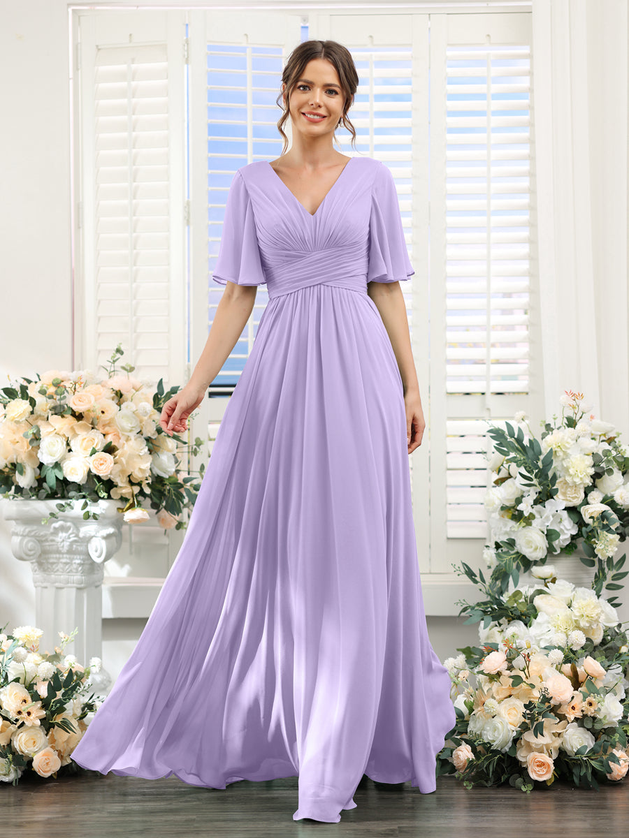 A-Linie V-Ausschnitt Lange Chiffon Brautjungfernkleider mit Taschen & Volantärmeln