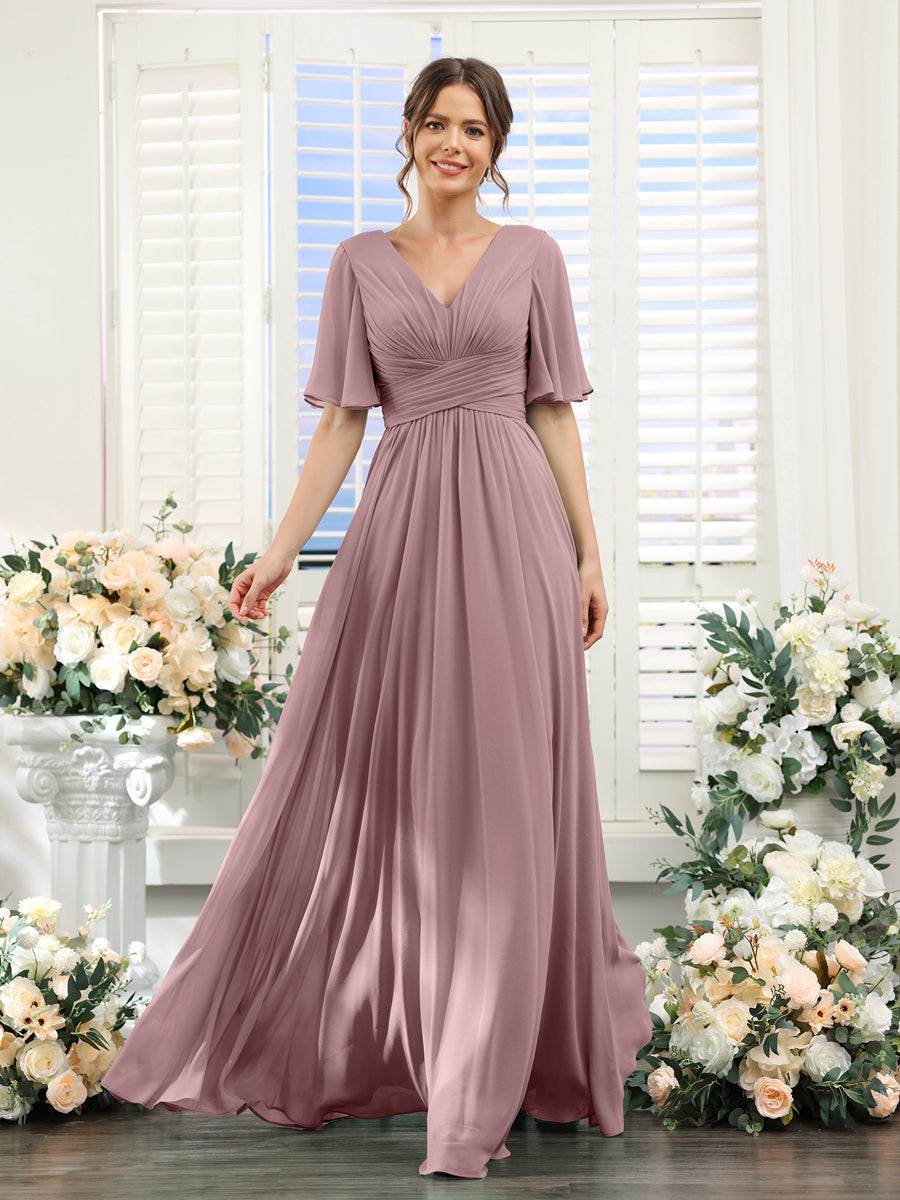 A-Linie V-Ausschnitt Lange Chiffon Brautjungfernkleider mit Taschen & Volantärmeln