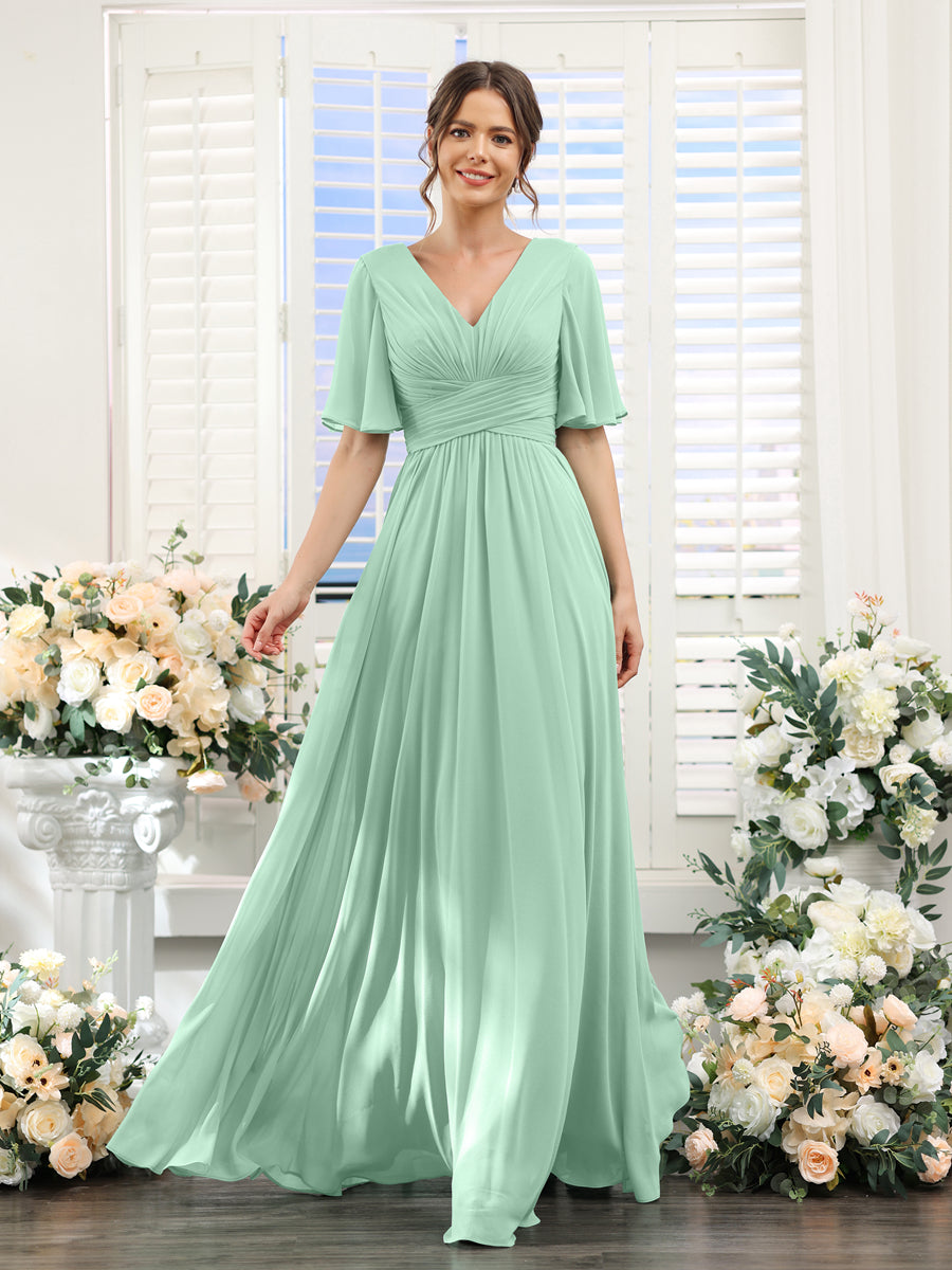 A-Linie V-Ausschnitt Lange Chiffon Brautjungfernkleider mit Taschen & Volantärmeln