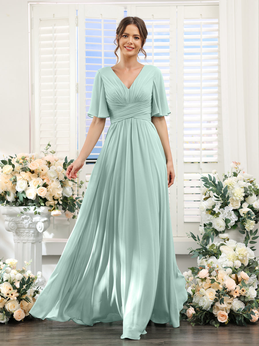 A-Linie V-Ausschnitt Lange Chiffon Brautjungfernkleider mit Taschen & Volantärmeln