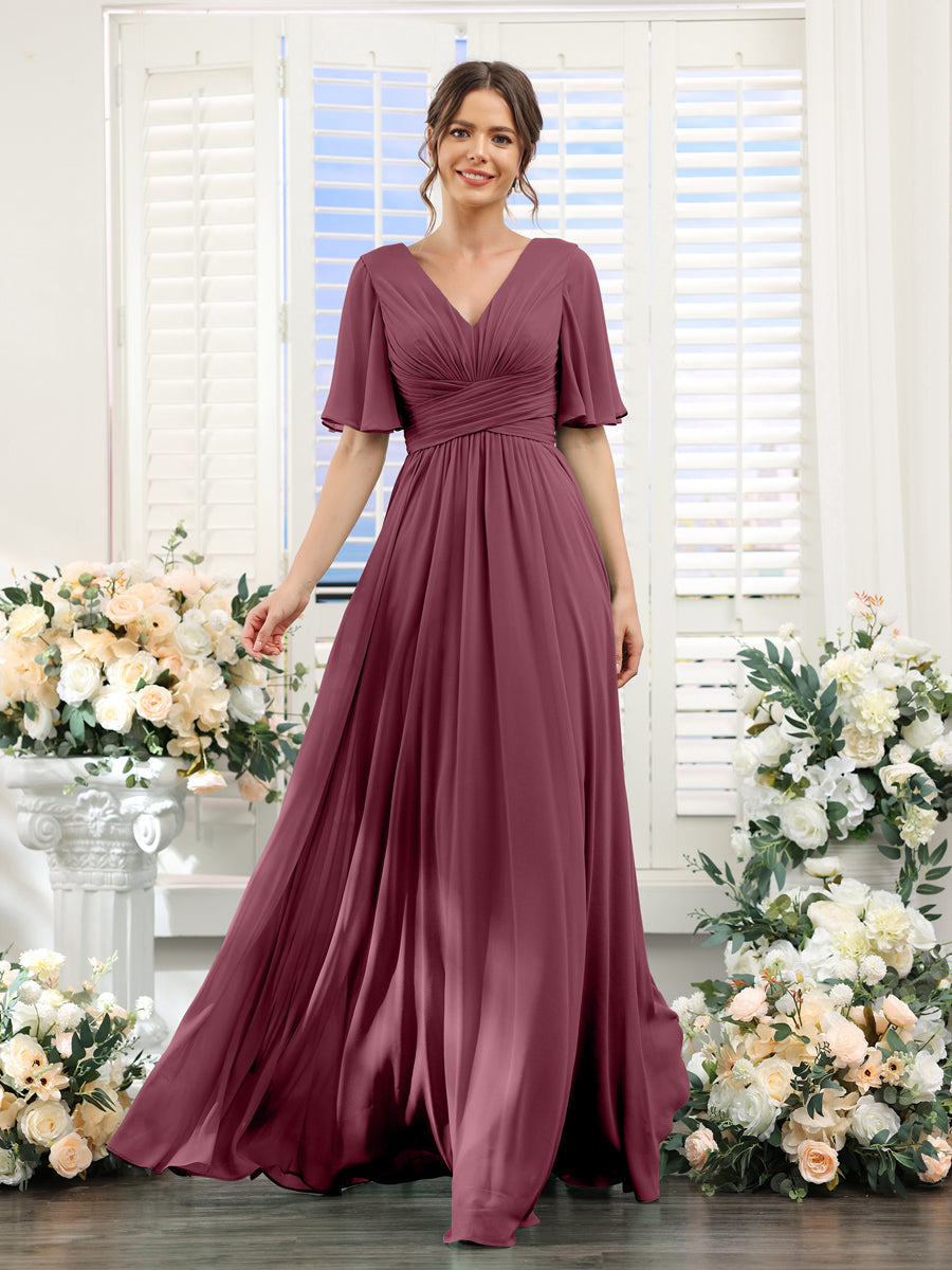 A-Linie V-Ausschnitt Lange Chiffon Brautjungfernkleider mit Taschen & Volantärmeln