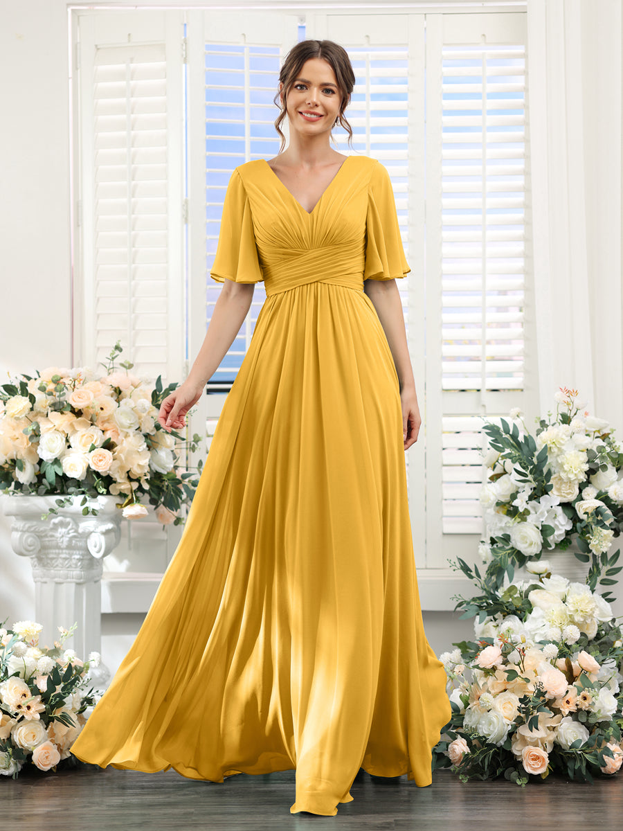 A-Linie V-Ausschnitt Lange Chiffon Brautjungfernkleider mit Taschen & Volantärmeln