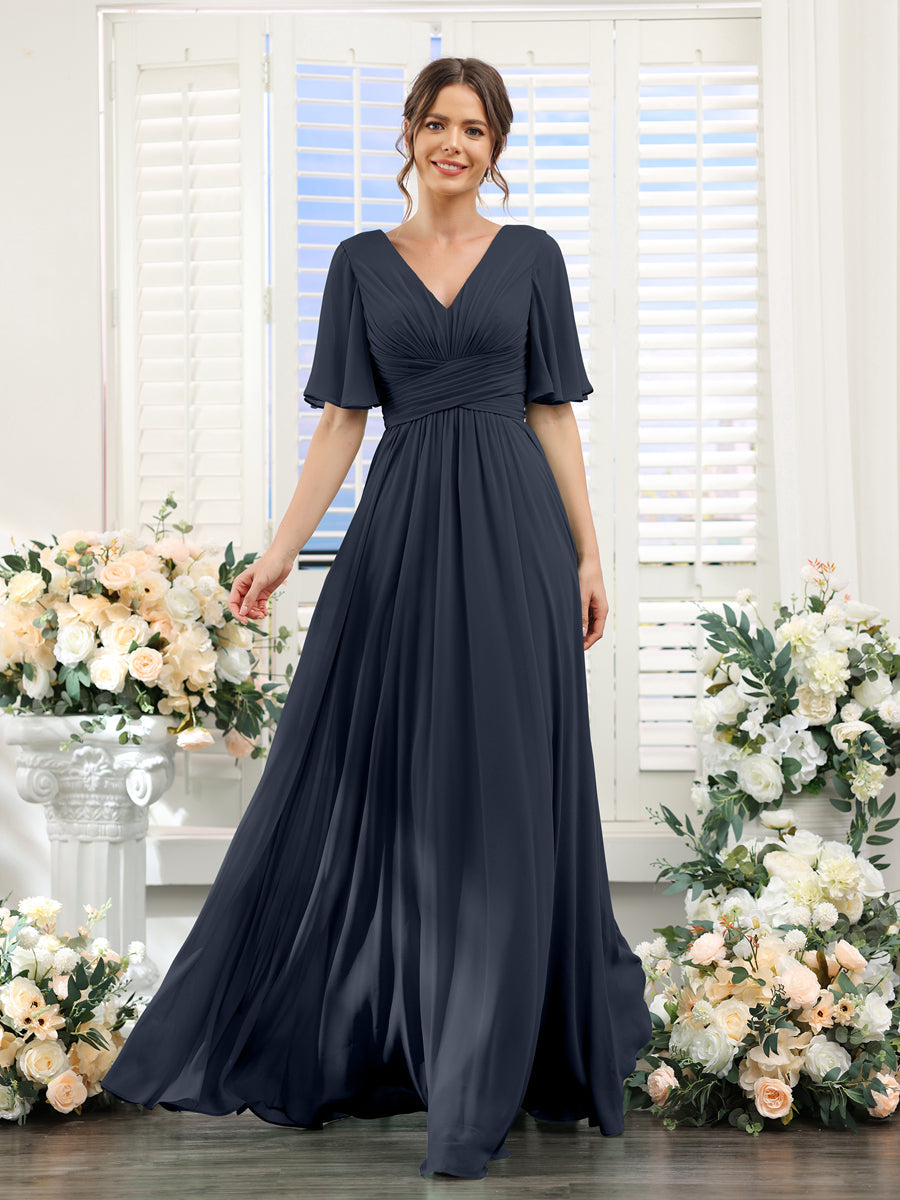 A-Linie V-Ausschnitt Lange Chiffon Brautjungfernkleider mit Taschen & Volantärmeln