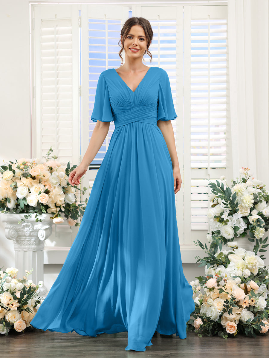 A-Linie V-Ausschnitt Lange Chiffon Brautjungfernkleider mit Taschen & Volantärmeln