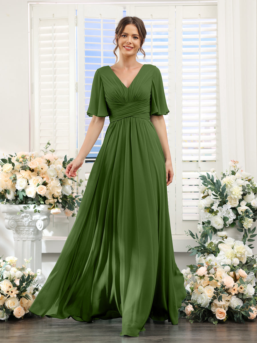 A-Linie V-Ausschnitt Lange Chiffon Brautjungfernkleider mit Taschen & Volantärmeln