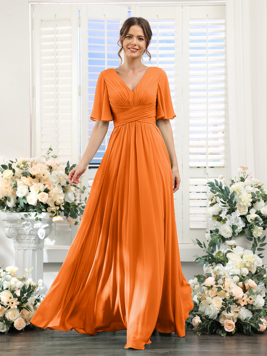 A-Linie V-Ausschnitt Lange Chiffon Brautjungfernkleider mit Taschen & Volantärmeln