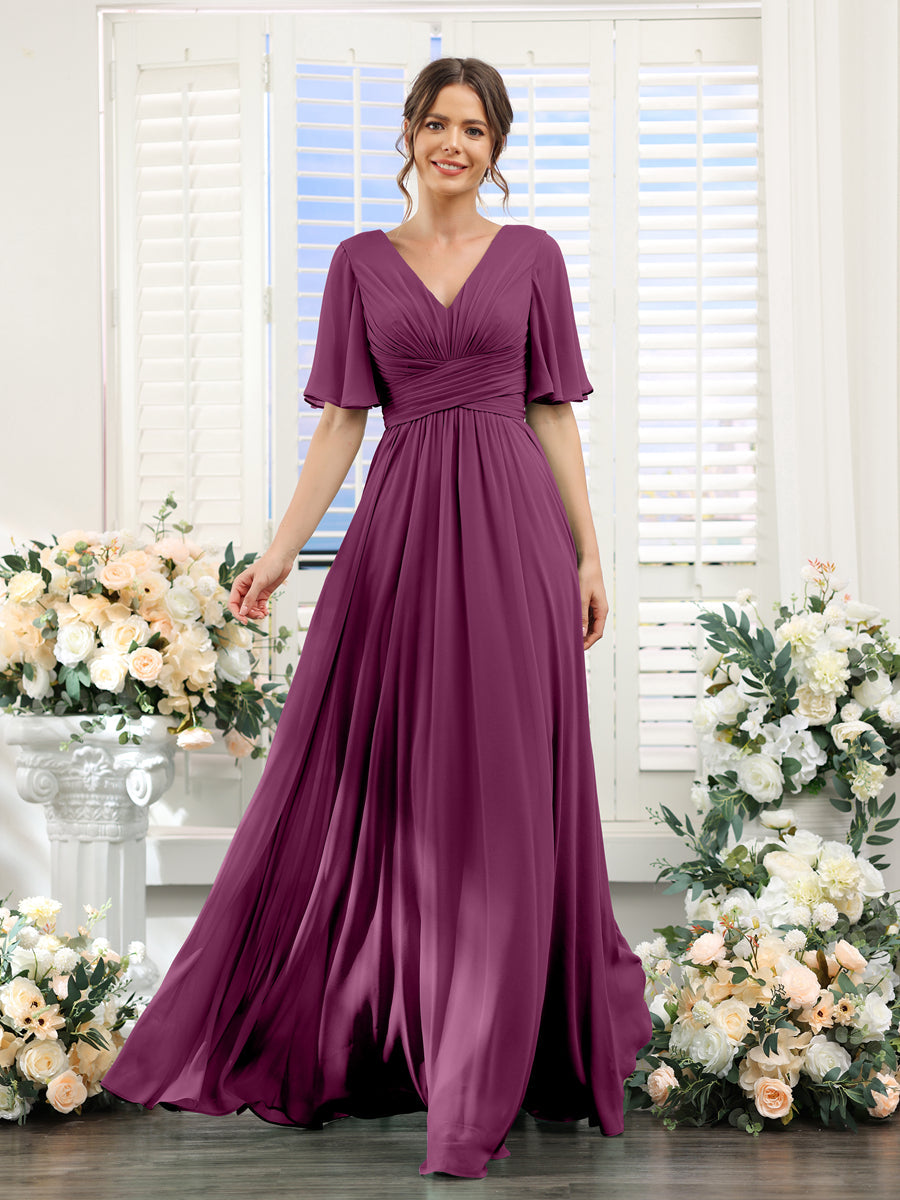 A-Linie V-Ausschnitt Lange Chiffon Brautjungfernkleider mit Taschen & Volantärmeln