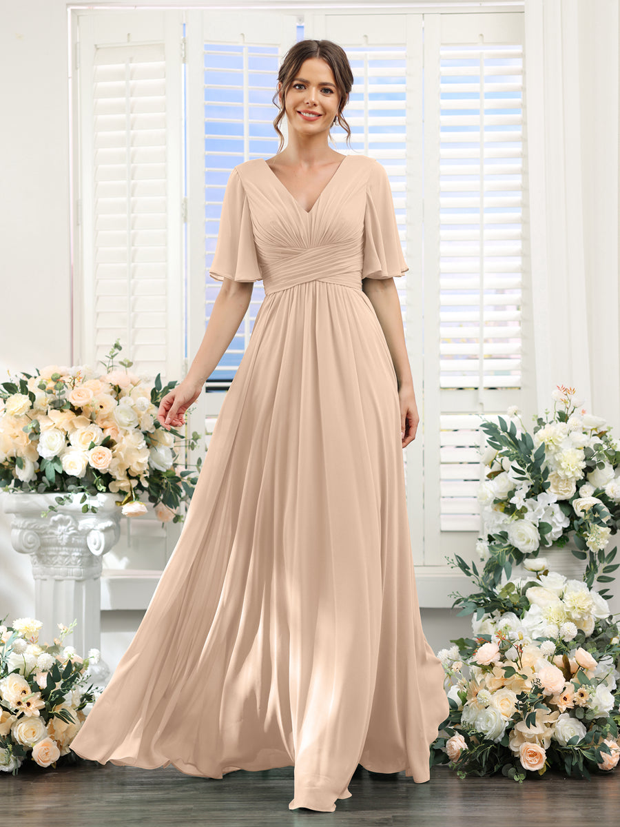 A-Linie V-Ausschnitt Lange Chiffon Brautjungfernkleider mit Taschen & Volantärmeln