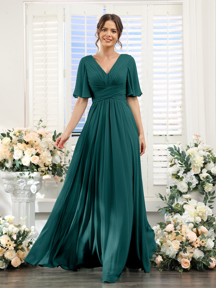 A-Linie V-Ausschnitt Lange Chiffon Brautjungfernkleider mit Taschen & Volantärmeln