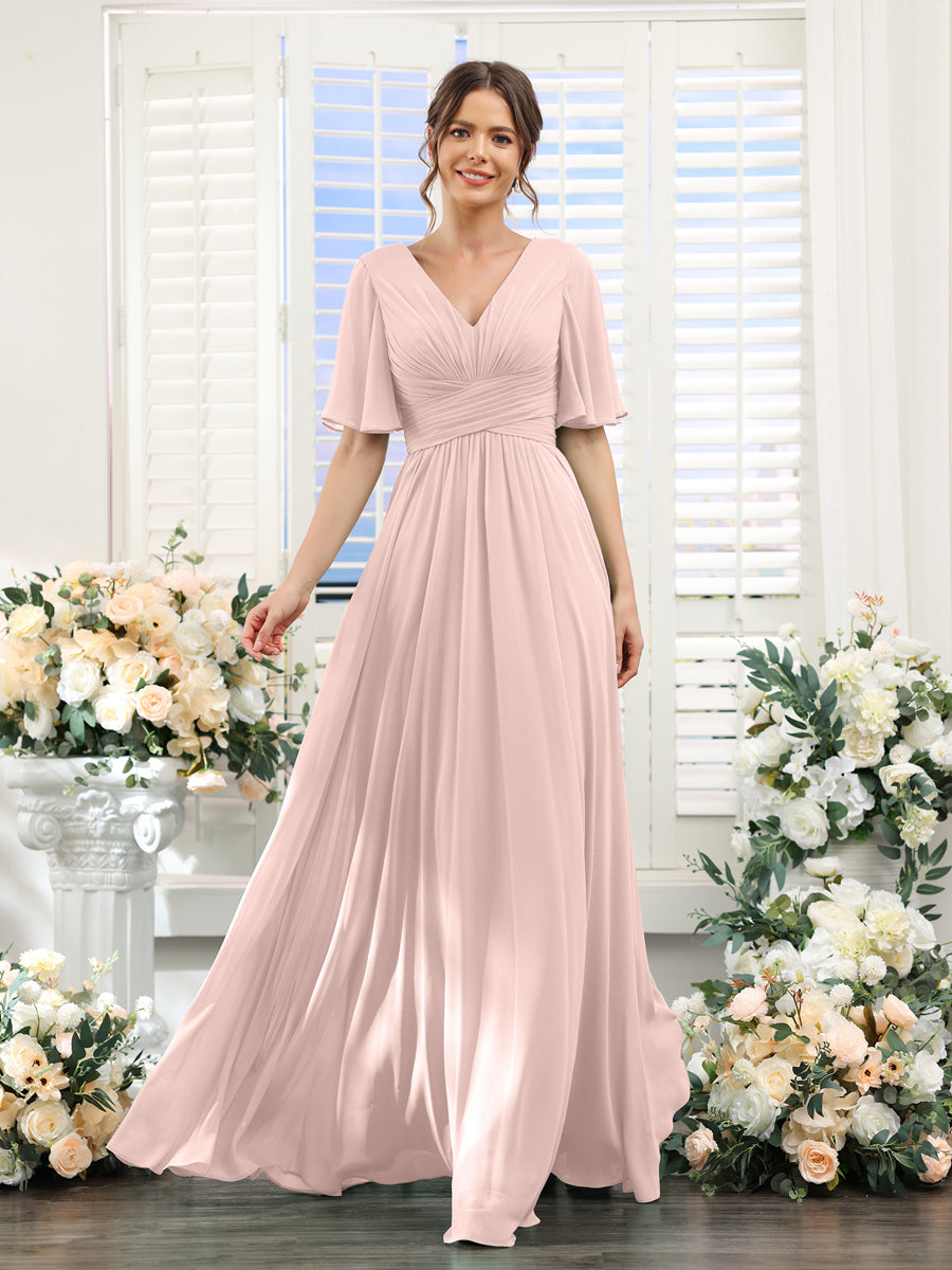 A-Linie V-Ausschnitt Lange Chiffon Brautjungfernkleider mit Taschen & Volantärmeln