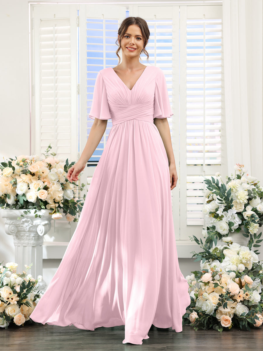 A-Linie V-Ausschnitt Lange Chiffon Brautjungfernkleider mit Taschen & Volantärmeln