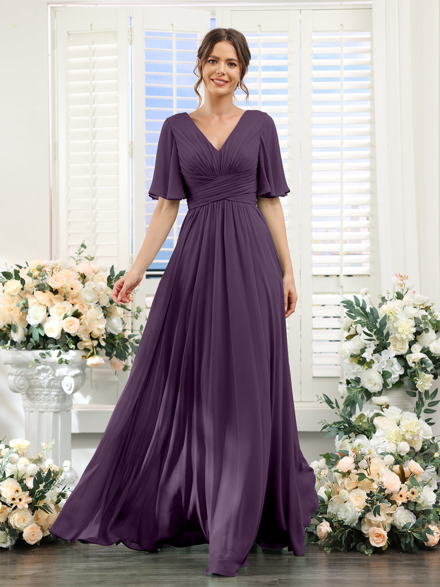 A-Linie V-Ausschnitt Lange Chiffon Brautjungfernkleider mit Taschen & Volantärmeln