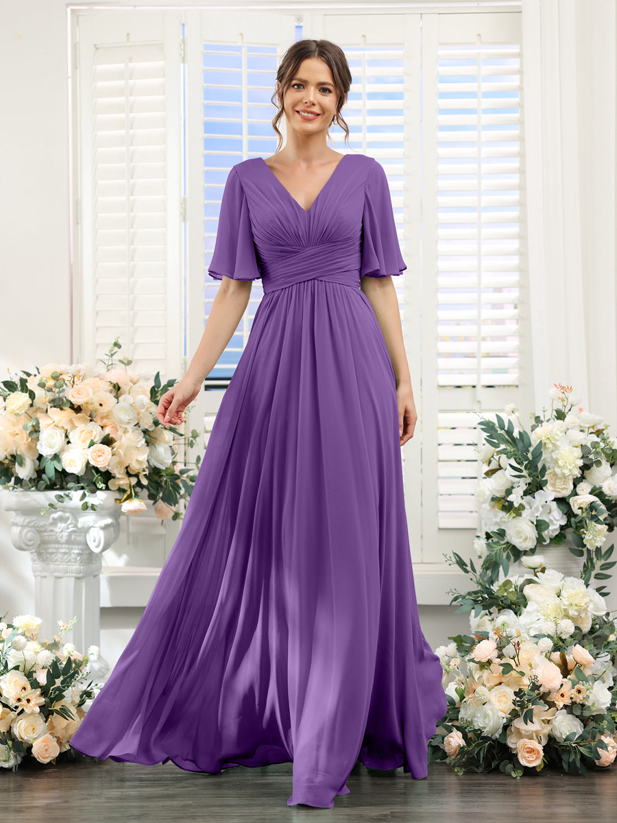 A-Linie V-Ausschnitt Lange Chiffon Brautjungfernkleider mit Taschen & Volantärmeln