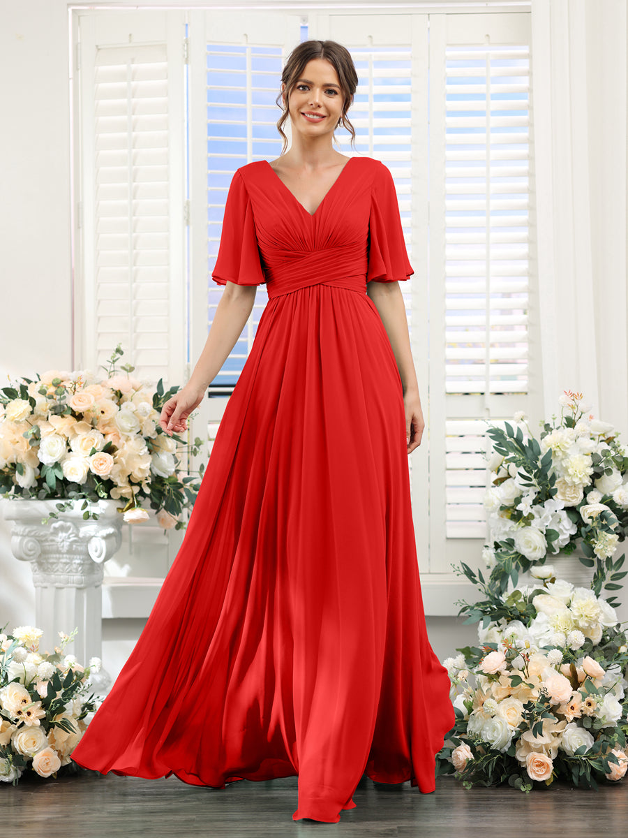 A-Linie V-Ausschnitt Lange Chiffon Brautjungfernkleider mit Taschen & Volantärmeln