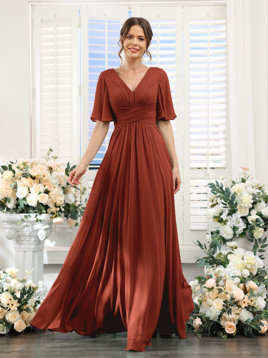 A-Linie V-Ausschnitt Lange Chiffon Brautjungfernkleider mit Taschen & Volantärmeln