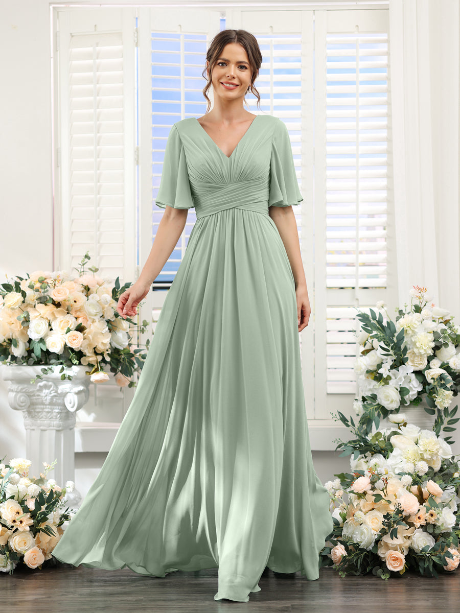 A-Linie V-Ausschnitt Lange Chiffon Brautjungfernkleider mit Taschen & Volantärmeln