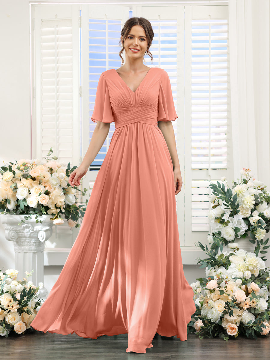 A-Linie V-Ausschnitt Lange Chiffon Brautjungfernkleider mit Taschen & Volantärmeln