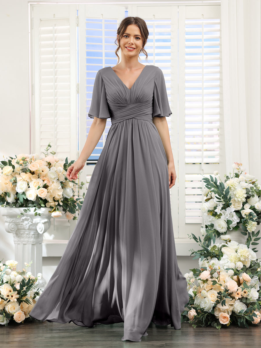 A-Linie V-Ausschnitt Lange Chiffon Brautjungfernkleider mit Taschen & Volantärmeln