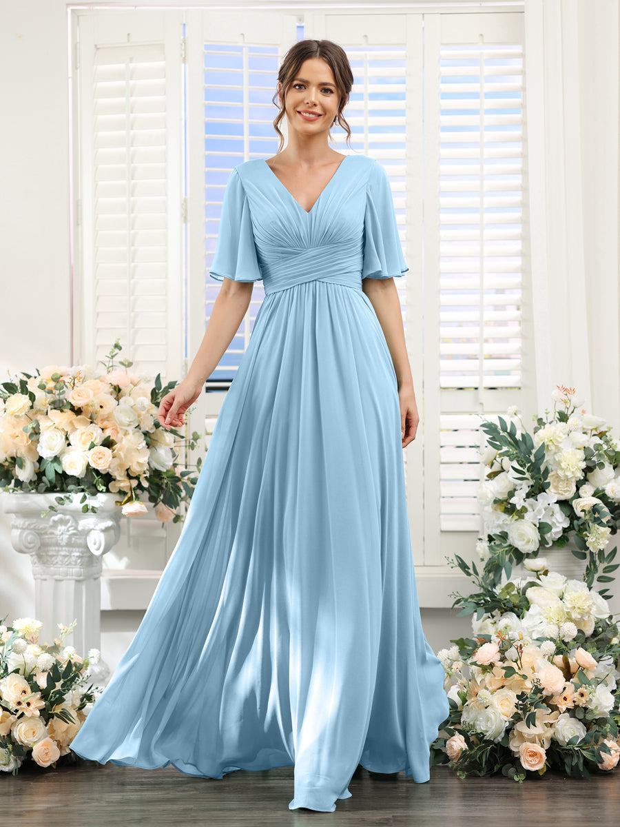 A-Linie V-Ausschnitt Lange Chiffon Brautjungfernkleider mit Taschen & Volantärmeln
