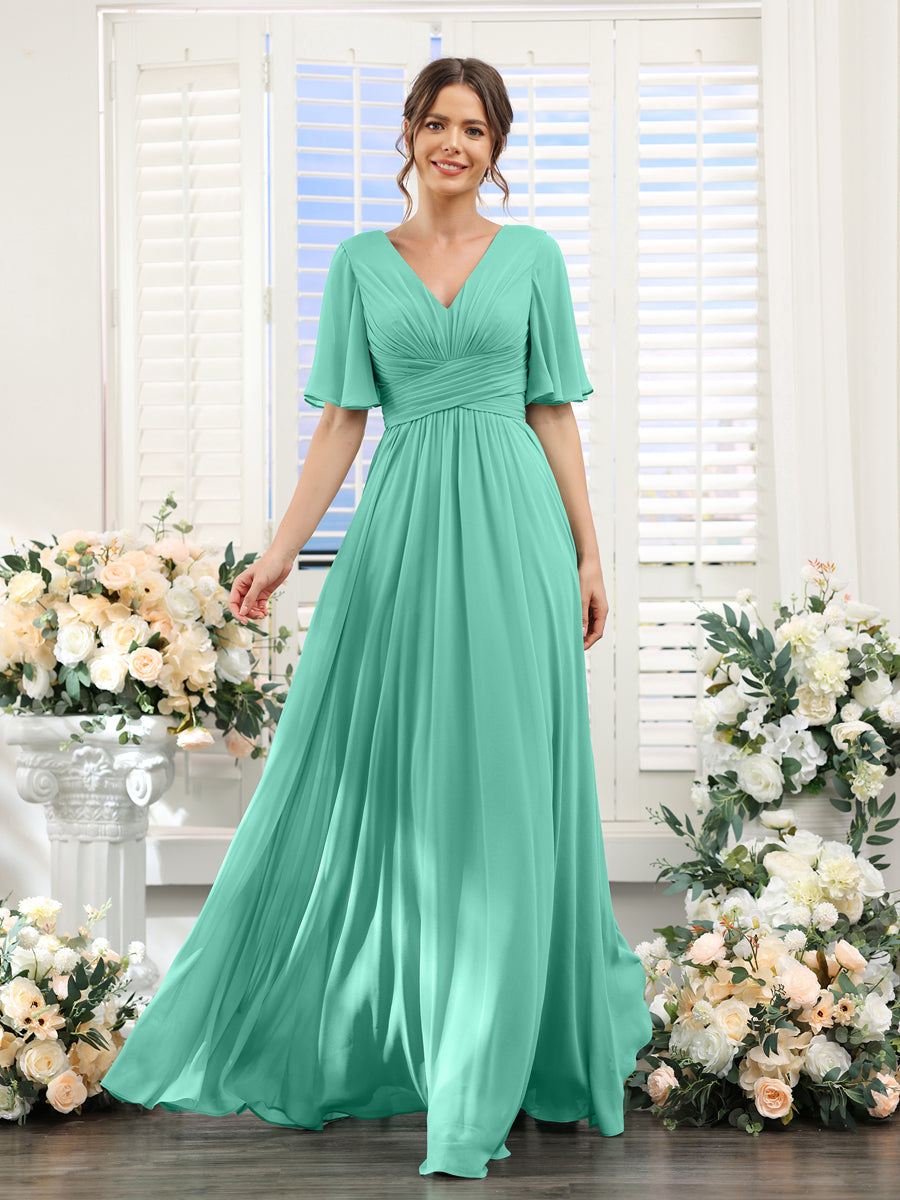 A-Linie V-Ausschnitt Lange Chiffon Brautjungfernkleider mit Taschen & Volantärmeln