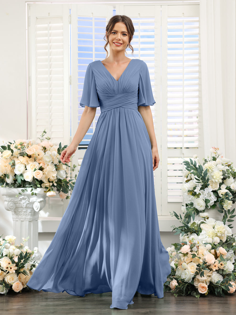 A-Linie V-Ausschnitt Lange Chiffon Brautjungfernkleider mit Taschen & Volantärmeln