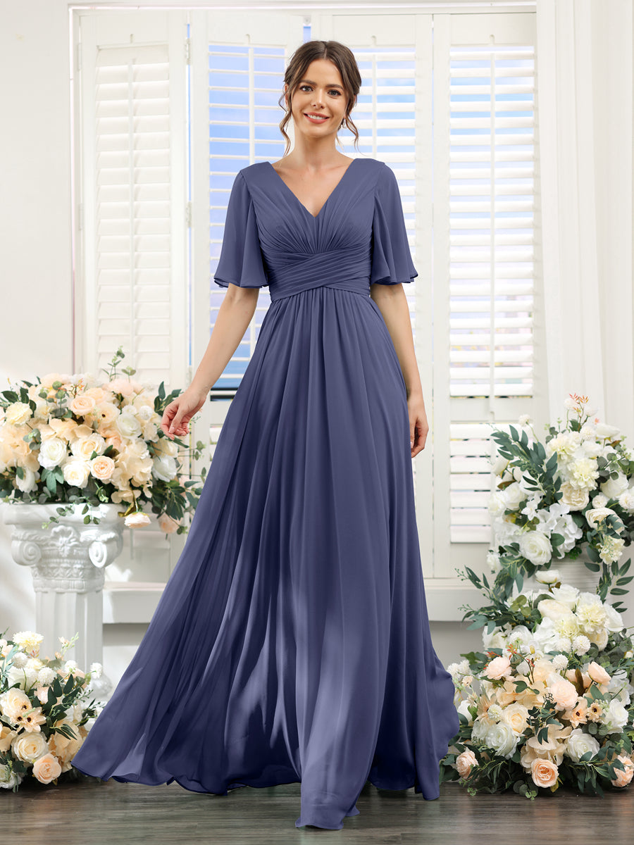 A-Linie V-Ausschnitt Lange Chiffon Brautjungfernkleider mit Taschen & Volantärmeln