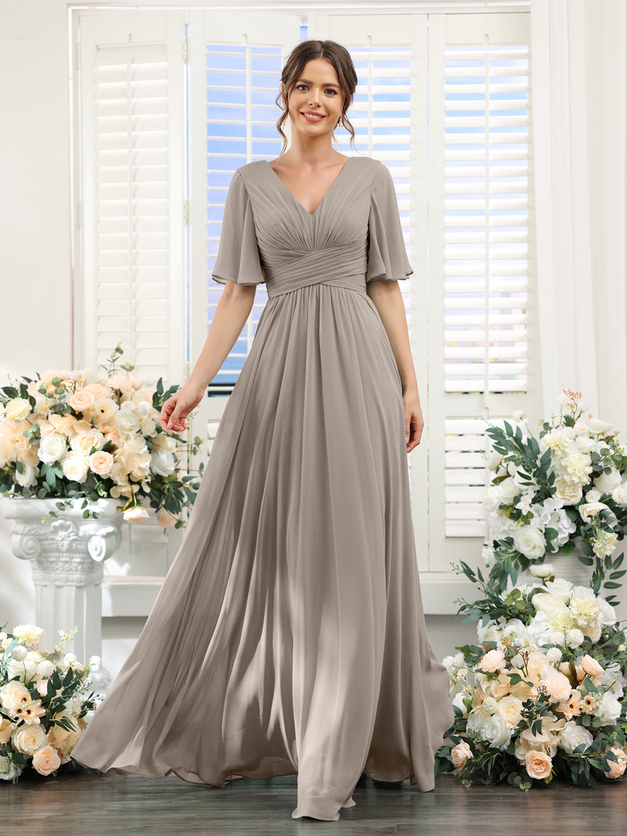 A-Linie V-Ausschnitt Lange Chiffon Brautjungfernkleider mit Taschen & Volantärmeln