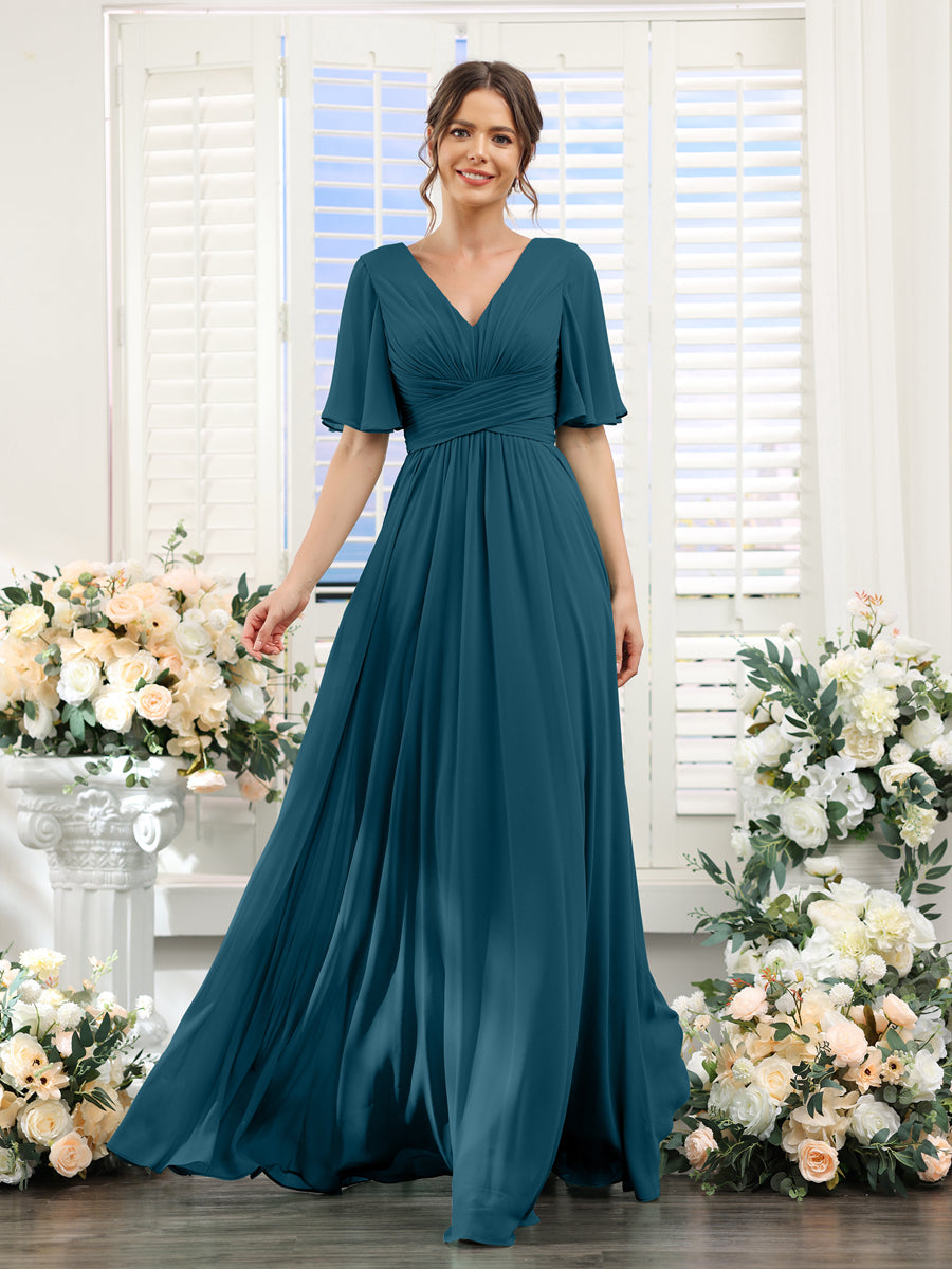 A-Linie V-Ausschnitt Lange Chiffon Brautjungfernkleider mit Taschen & Volantärmeln