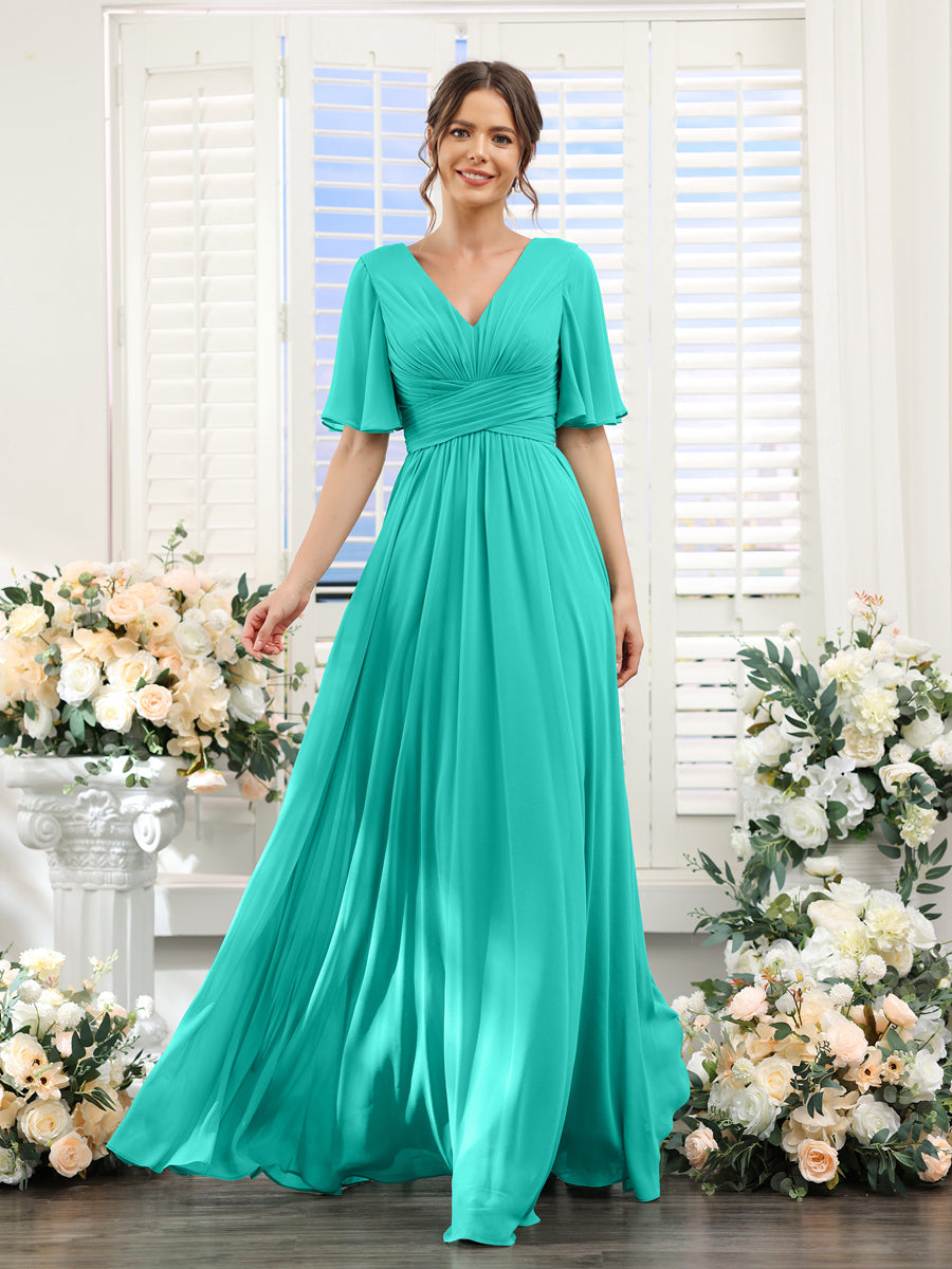 A-Linie V-Ausschnitt Lange Chiffon Brautjungfernkleider mit Taschen & Volantärmeln