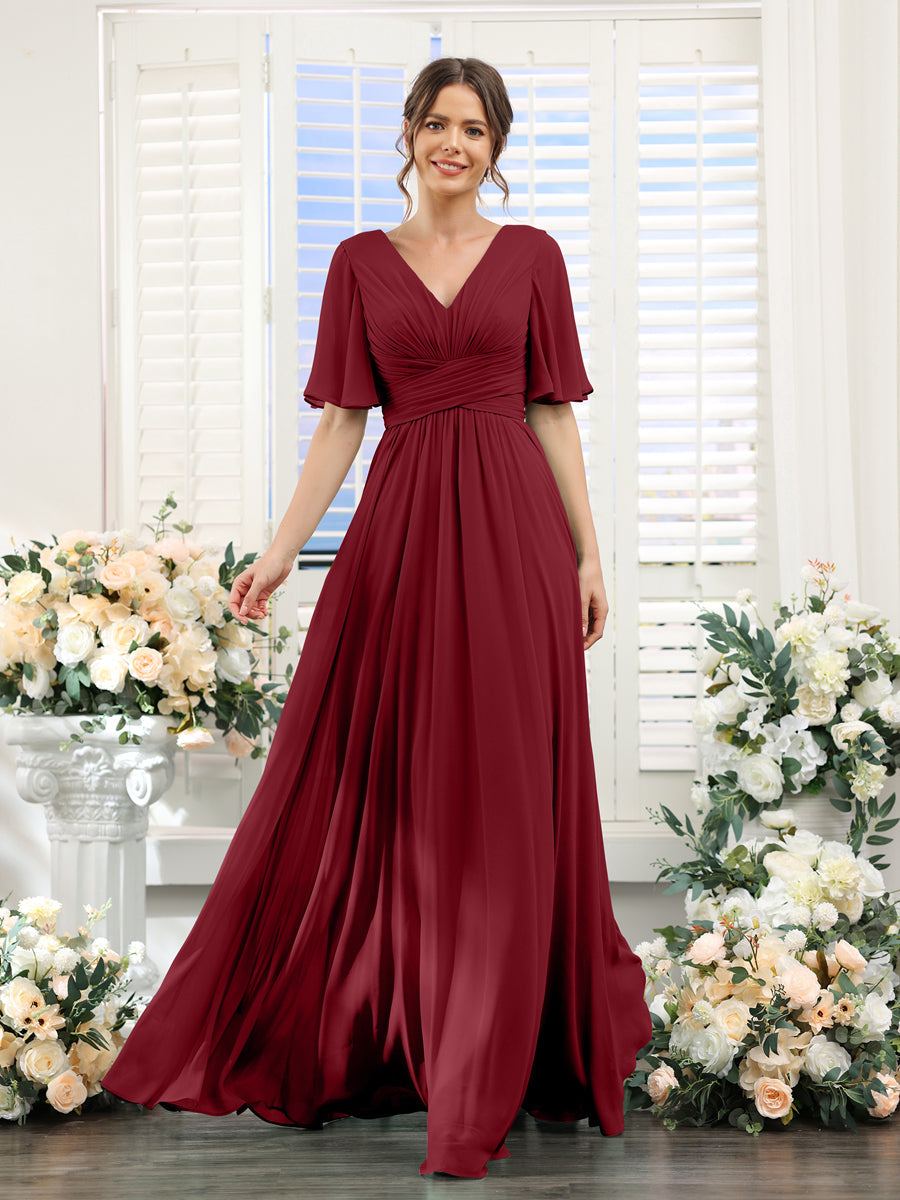 A-Linie V-Ausschnitt Lange Chiffon Brautjungfernkleider mit Taschen & Volantärmeln