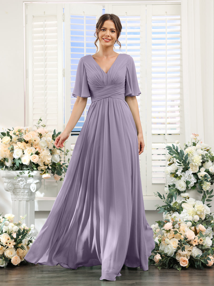 A-Linie V-Ausschnitt Lange Chiffon Brautjungfernkleider mit Taschen & Volantärmeln