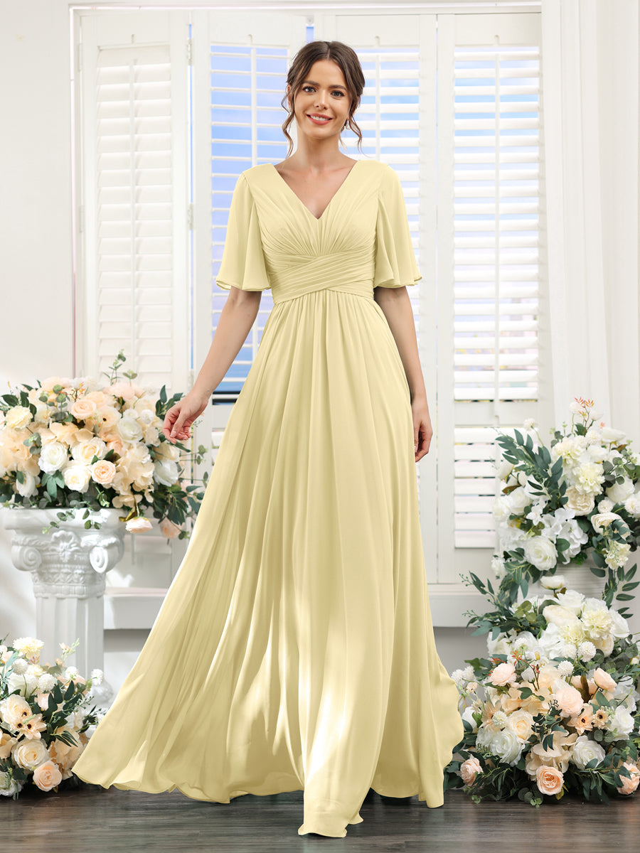 A-Linie V-Ausschnitt Lange Chiffon Brautjungfernkleider mit Taschen & Volantärmeln