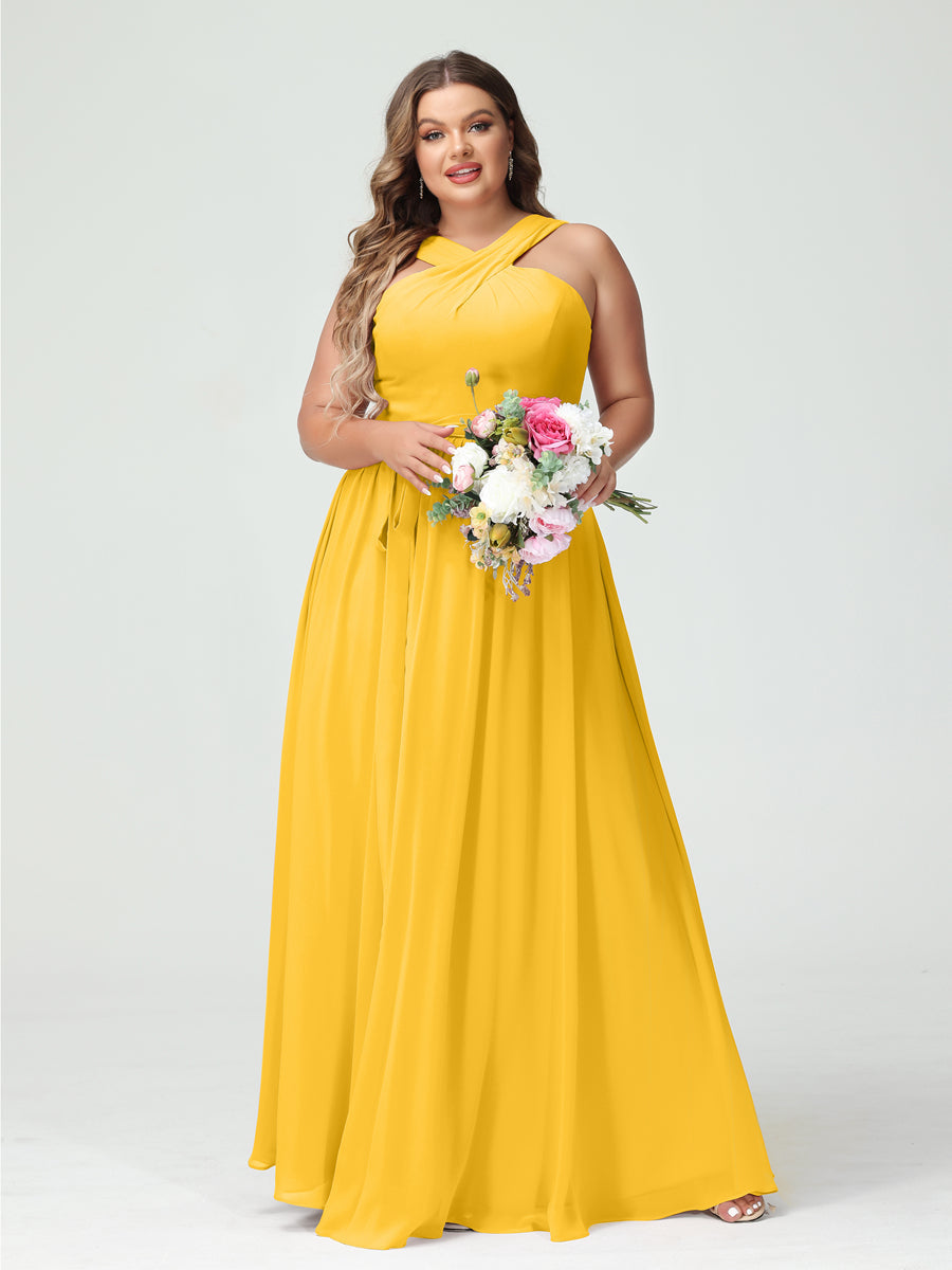A-Linie/Prinzessin Criss Cross Ärmellos Chiffon Plus Size Brautjungfernkleider mit Schärpe