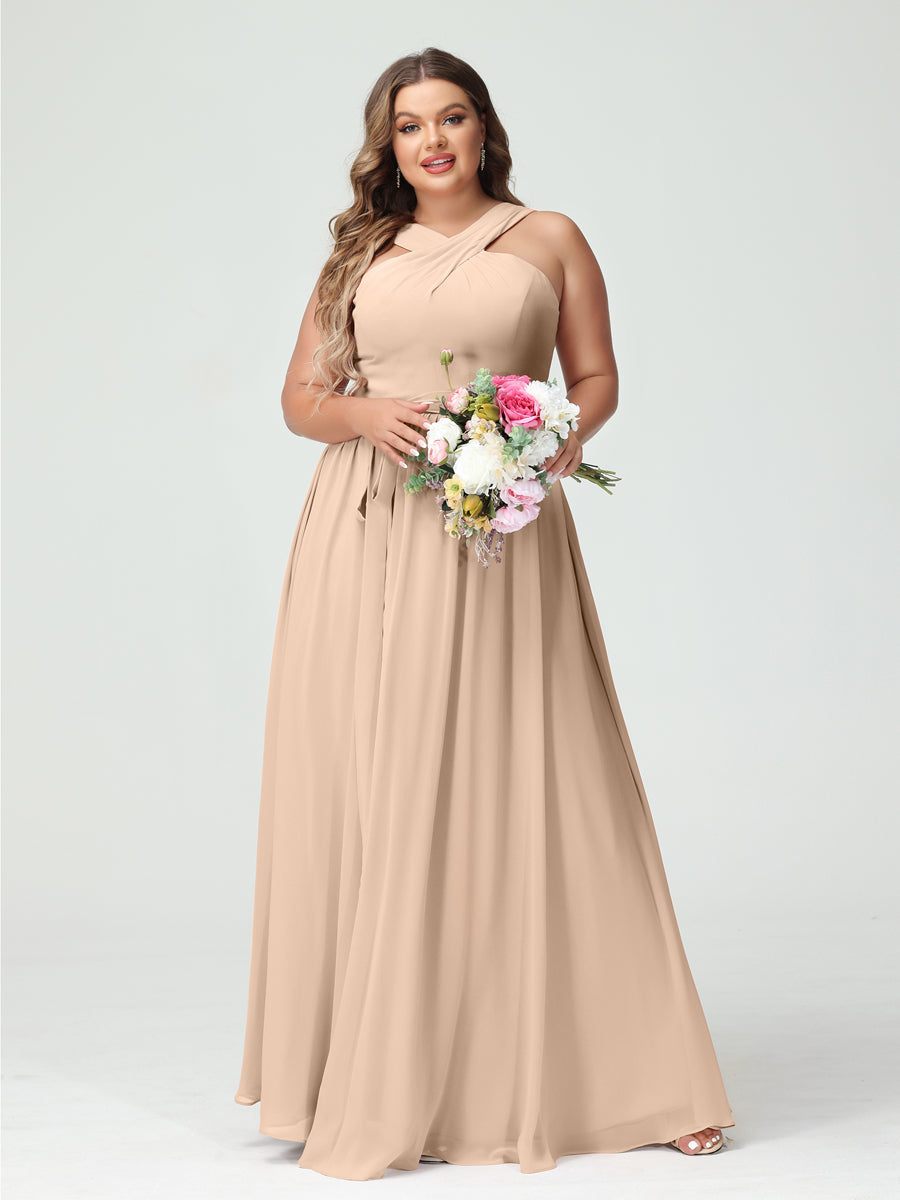 A-Linie/Prinzessin Criss Cross Ärmellos Chiffon Plus Size Brautjungfernkleider mit Schärpe