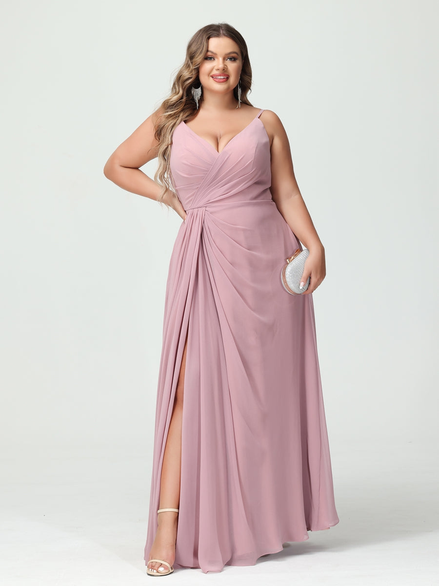 A-Linie/Prinzessin Spaghettiträger Ärmellos Chiffon Seitlich Geschlitzt Übergröße Brautjungfernkleider mit Taschen