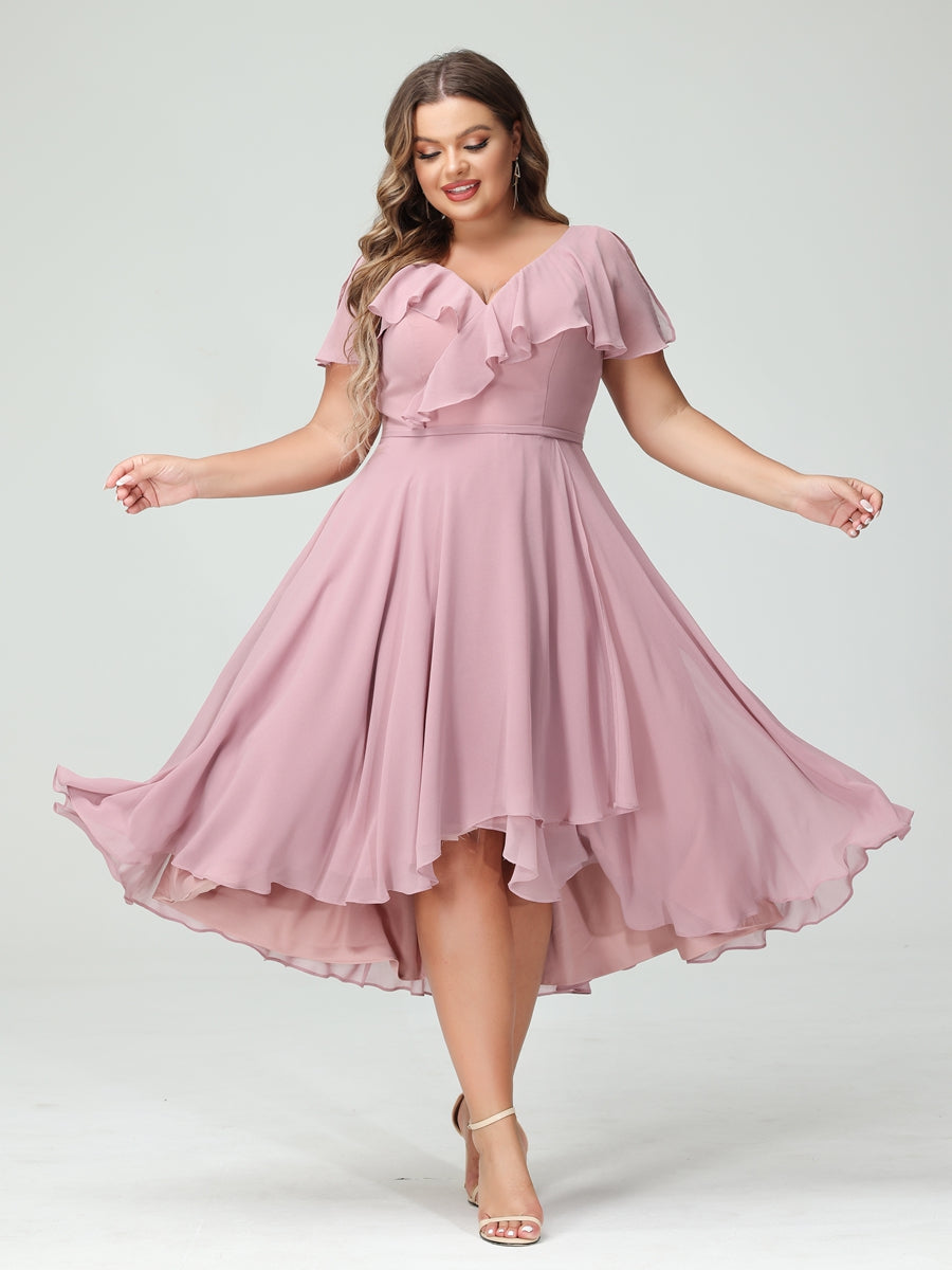 A-Linie/Prinzessin V-Ausschnitt Kurze Ärmel Chiffon Rüschen Hoch-Tief Übergröße Brautjungfernkleider mit Taschen
