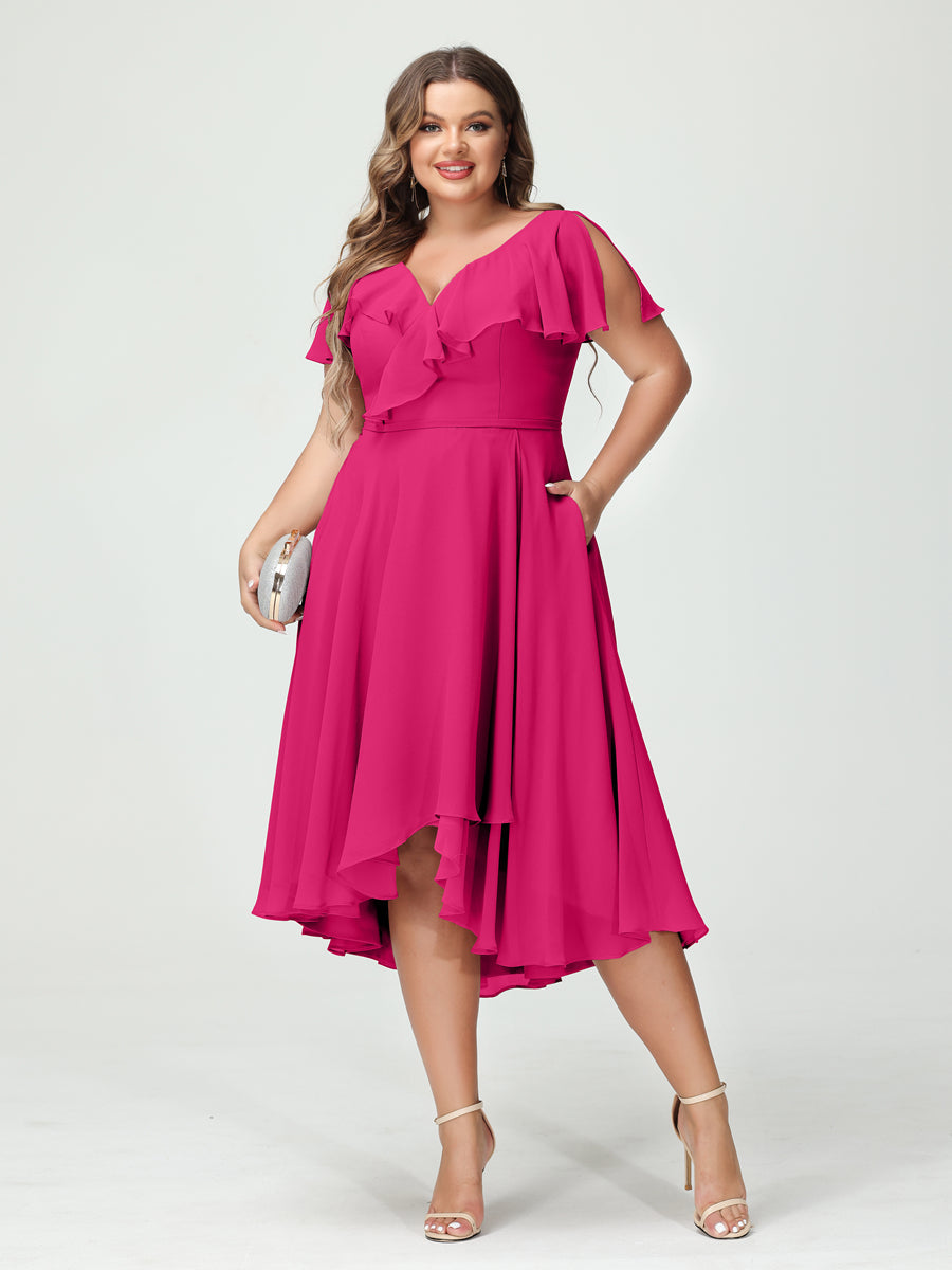 A-Linie/Prinzessin V-Ausschnitt Kurze Ärmel Chiffon Rüschen Hoch-Tief Übergröße Brautjungfernkleider mit Taschen