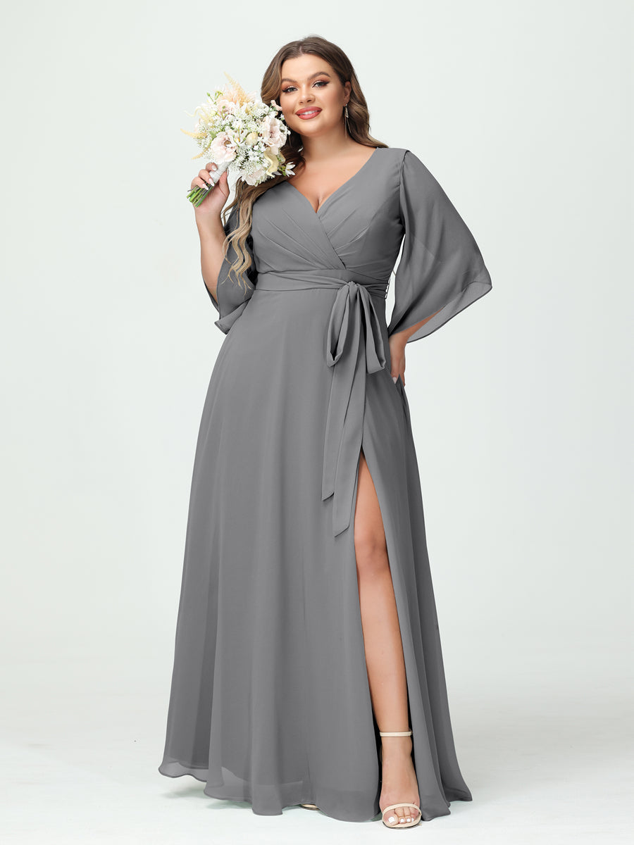 A-Linie/Prinzessin V-Ausschnitt Lange Ärmel Chiffon Seitlich Geschlitzt Übergröße Brautjungfernkleider mit Taschen Gürtel