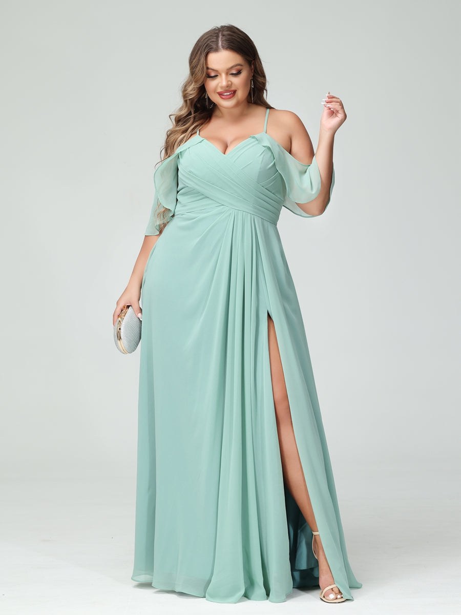 A-Linie/Prinzessin Spaghettiträger Kurze Ärmel Chiffon Gerüscht Seitlich Geschlitzt Brautjungfernkleider In Übergröße mit Taschen