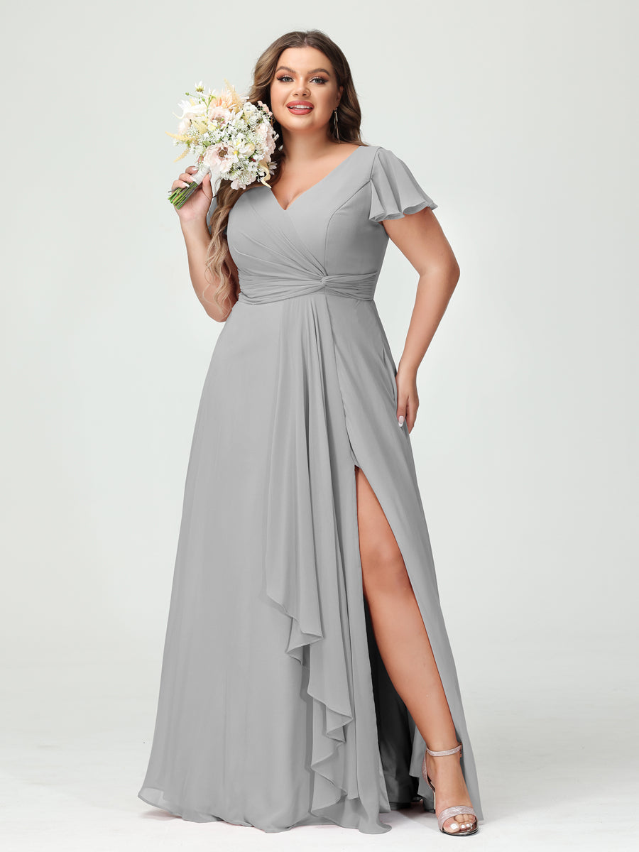 A-Linie/Prinzessin V-Ausschnitt Kurze Ärmel Chiffon Rüschen Seitlich Geschlitzt Brautjungfernkleider In Übergröße mit Taschen