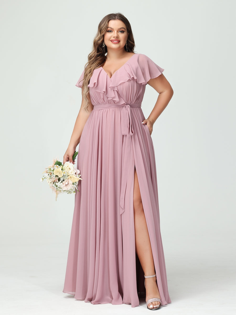 A-Linie/Prinzessin V-Ausschnitt Kurze Ärmel Chiffon Rüschen Brautjungfernkleider In Übergröße mit Taschen