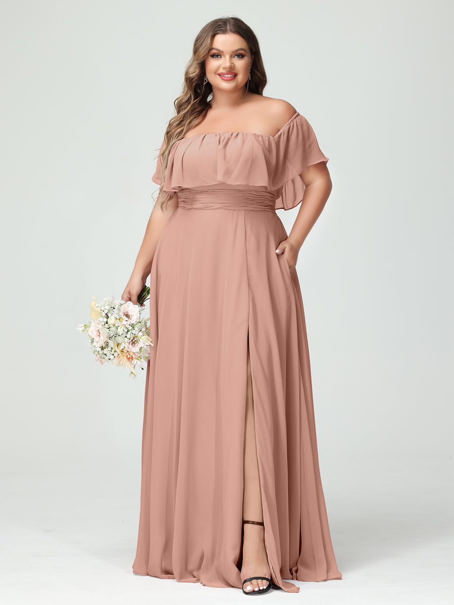 A-Linie/Prinzessin Schulterfrei Kurze Ärmel Chiffon Seitlich Geschlitzt Übergröße Brautjungfernkleider mit Taschen