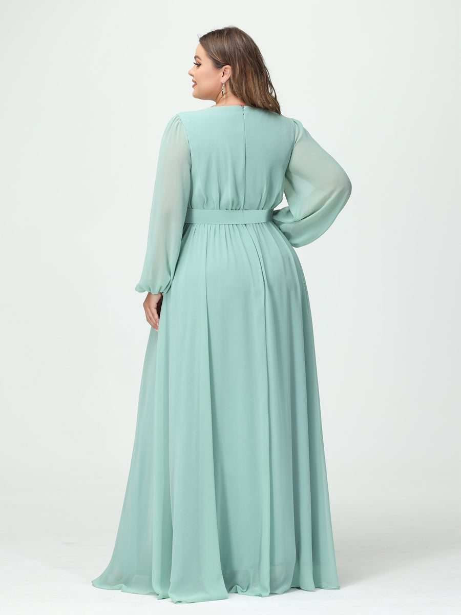 A-Linie/Prinzessin V-Ausschnitt Lange Ärmel Chiffon Übergröße Brautjungfernkleider mit Taschen