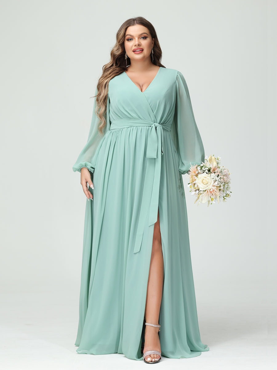 A-Linie/Prinzessin V-Ausschnitt Lange Ärmel Chiffon Übergröße Brautjungfernkleider mit Taschen