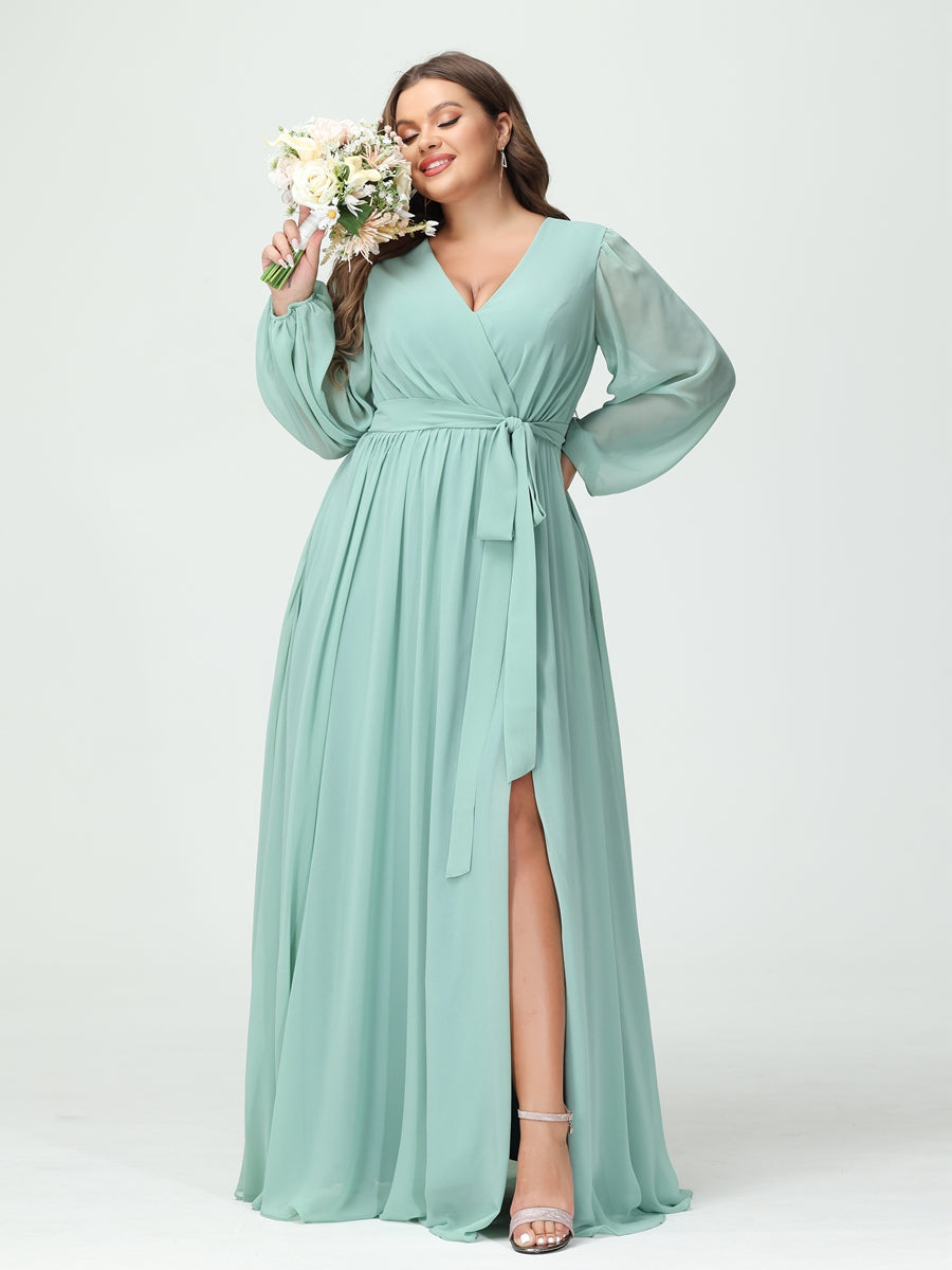 A-Linie/Prinzessin V-Ausschnitt Lange Ärmel Chiffon Übergröße Brautjungfernkleider mit Taschen