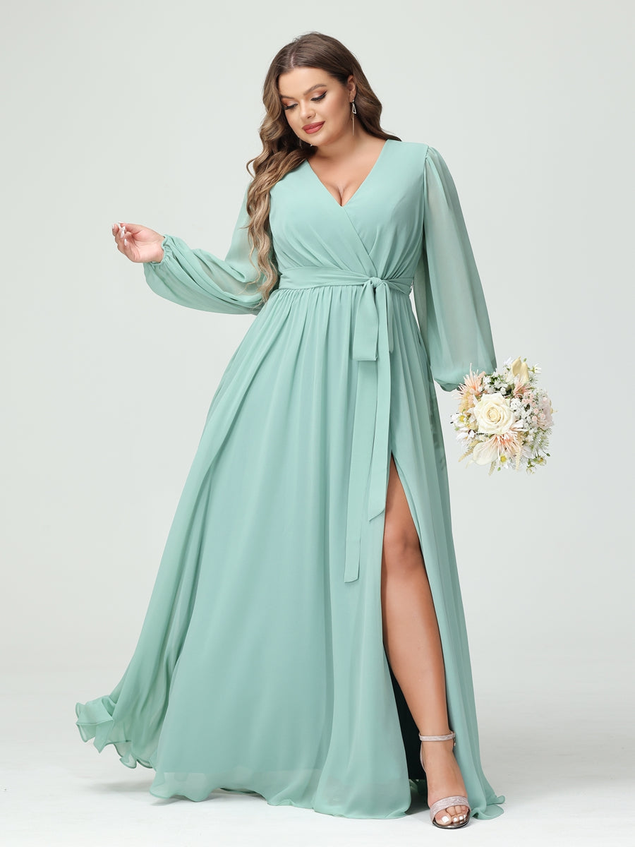 A-Linie/Prinzessin V-Ausschnitt Lange Ärmel Chiffon Übergröße Brautjungfernkleider mit Taschen