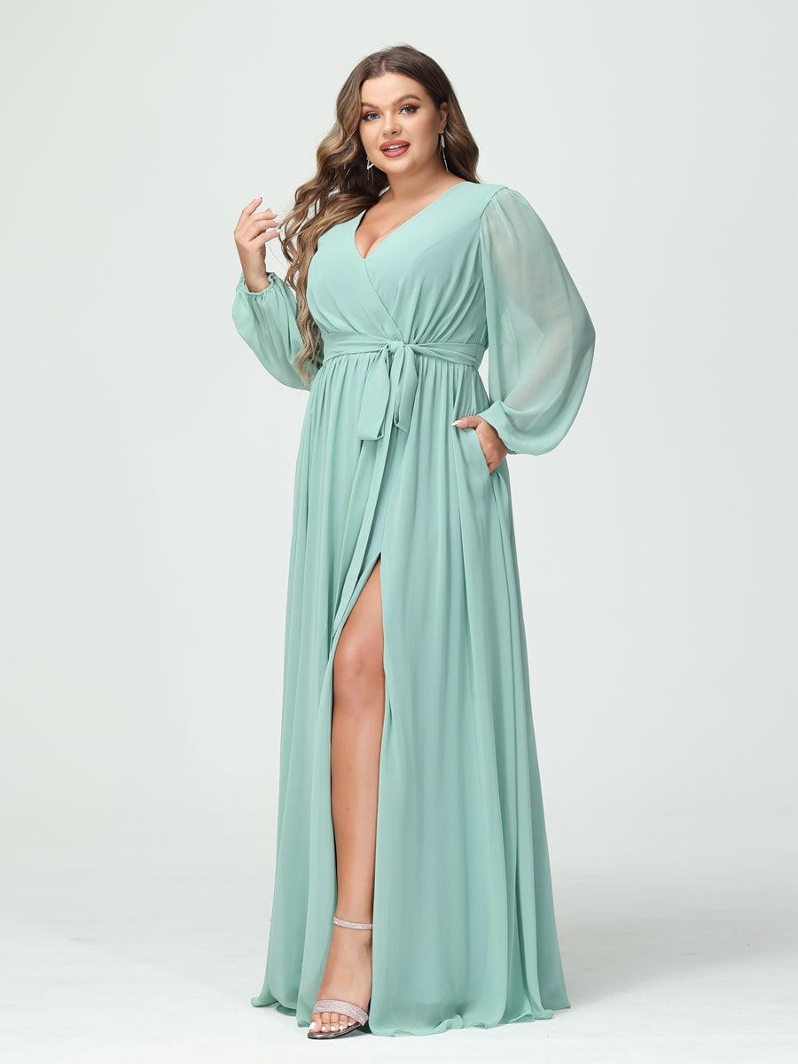 A-Linie/Prinzessin V-Ausschnitt Lange Ärmel Chiffon Übergröße Brautjungfernkleider mit Taschen