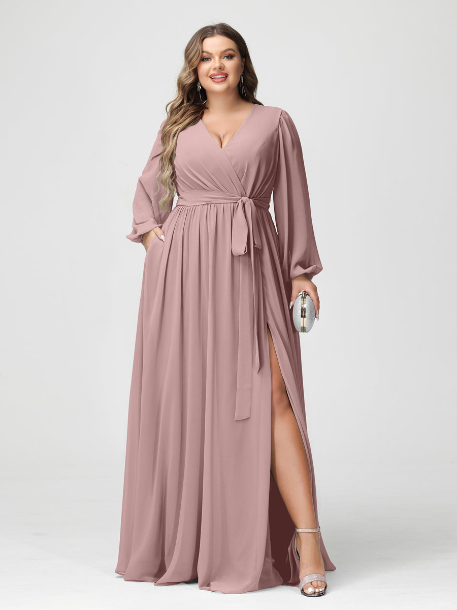 A-Linie/Prinzessin V-Ausschnitt Lange Ärmel Chiffon Übergröße Brautjungfernkleider mit Taschen